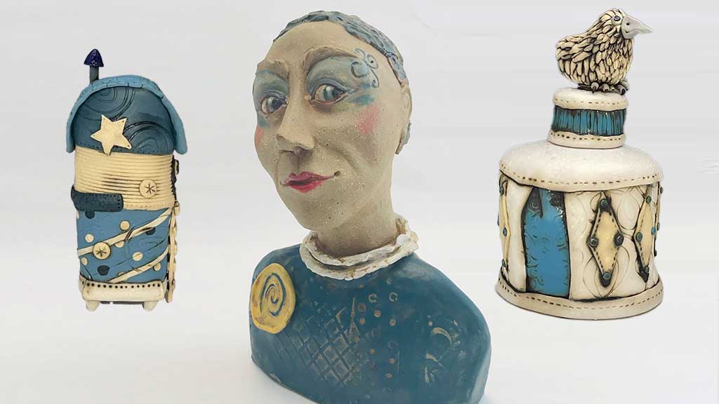 Three distinct pieces created by Michele Lorraine. In the foreground is a bust of an inquisitive woman, in the background are two containers, one is a tower, the other has a bird as the handle